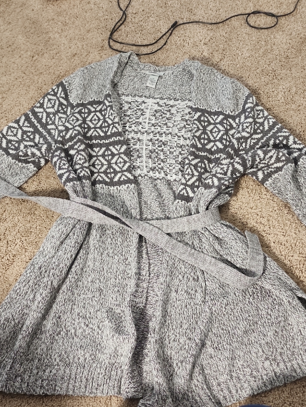 Catherines Gray Patterned Open Cardigan with Belt